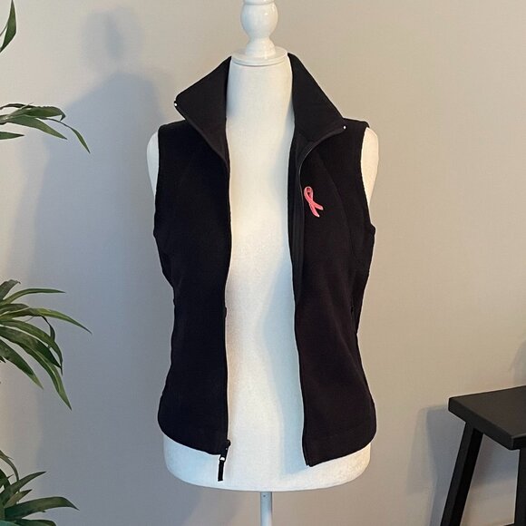 Columbia Size S Black Fleece Vest with Pink Breast Cancer Ribbon and Zip Pockets - Picture 1 of 7